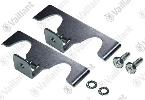 Zwei metallische Halterungen von Vaillant mit Befestigungsschrauben und Unterlegscheiben, geeignet für die Montage eines Geräts.